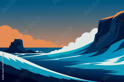 Stylized illustration of a dramatic ocean seascape with large waves crashing against a cliff face under a moody sky