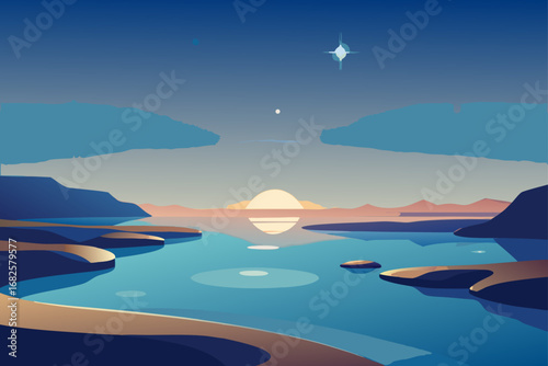 Serene alien planet landscape with a calm blue lake reflecting a distant sun and star