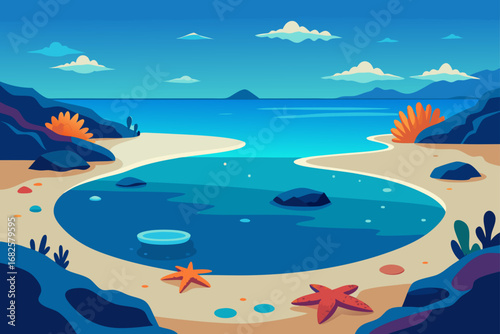 Stylized illustration of a tranquil blue ocean cove with a sandy beach and colorful starfish