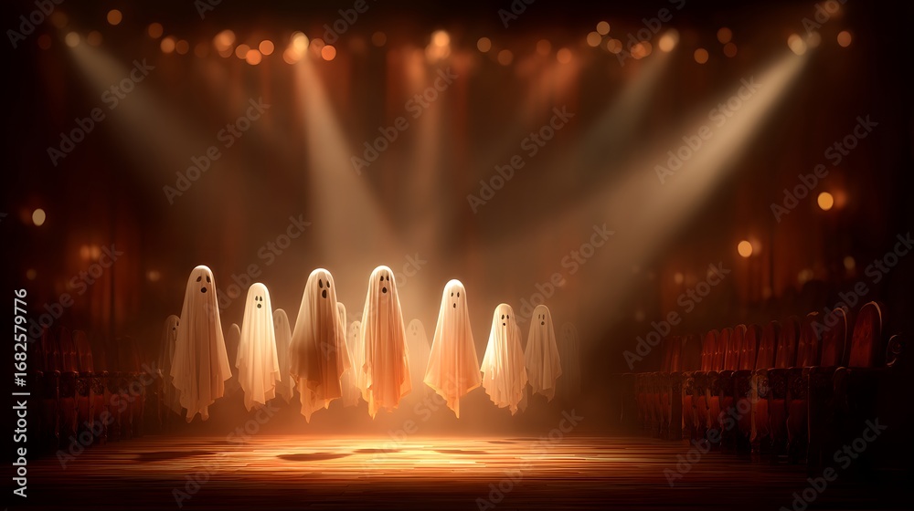 Obraz premium Ethereal Ghosts Illuminated by Stage Lights in Haunted Theater