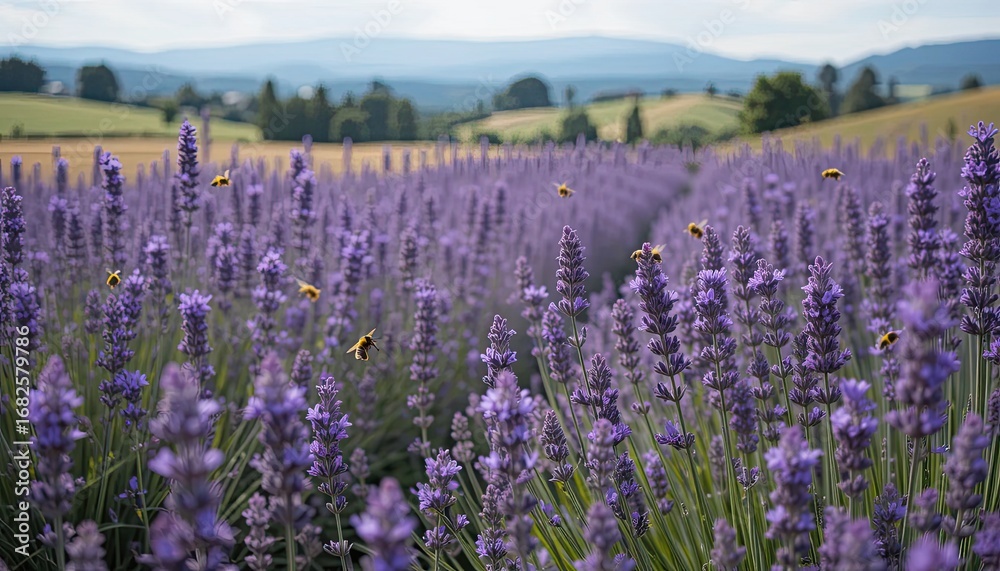 Naklejka premium Busy Bees Pollinating a Vibrant Lavender Field with Rolling Hills Beyond