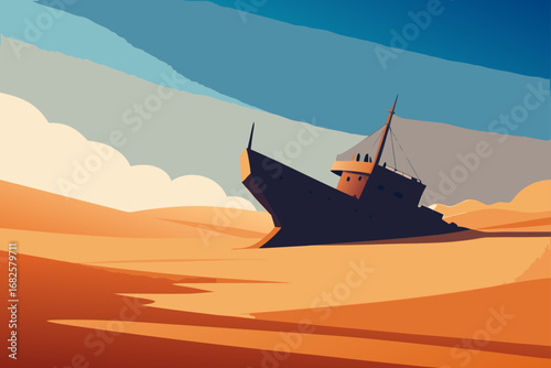 A stranded shipwreck rests on a vast desert landscape under a dramatic sky