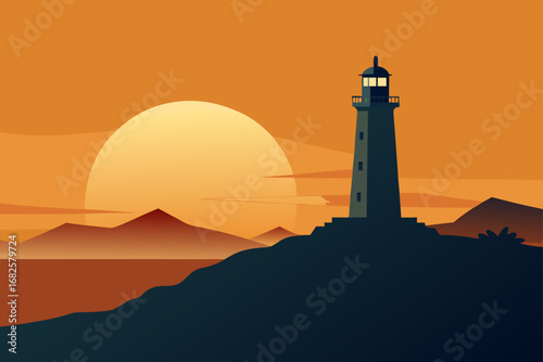 Stylized flat design illustration of a lighthouse standing tall on a hill overlooking the ocean at sunset