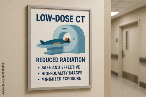 Informative poster promoting low dose CT scans, emphasizing reduced radiation, safety, effectiveness, high quality images, and minimized exposure, displayed in hospital corridor