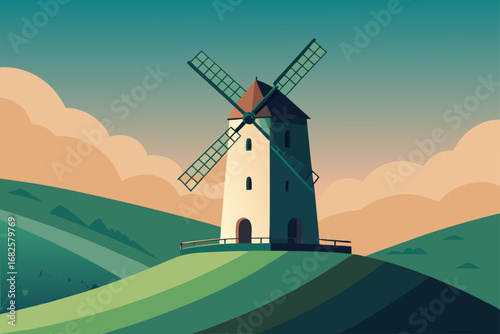 A stylized illustration of a white windmill with green blades standing on a grassy hill under a teal sky with orange clouds