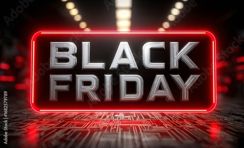 Black friday neon sign glowing on futuristic circuit board