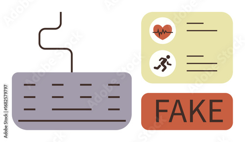 Keyboard linked to panels with heart rate and exercise icons labeled FAKE, representing misinformation. Ideal for data accuracy, fake news, digital ethics, cybersecurity, misinformation, health