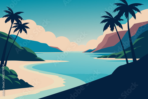 Serene tropical bay with palm trees and calm turquoise water under a cloudy sky