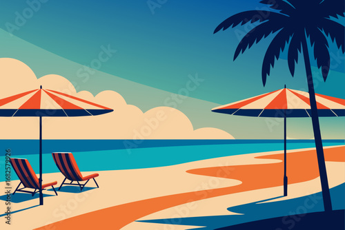 Stylized illustration of a serene beach scene with two striped beach chairs and umbrellas under a palm tree