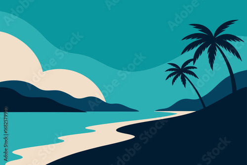 Stylized tropical beach landscape with palm trees and ocean waves under a clear sky
