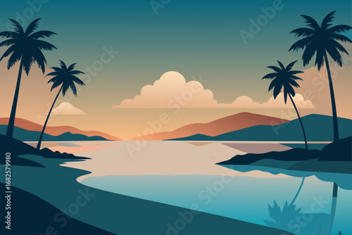 Serene tropical beach at sunset with palm trees and calm water reflecting the colorful sky