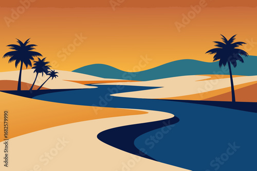 Stylized desert landscape with winding river and palm trees under a warm orange sky