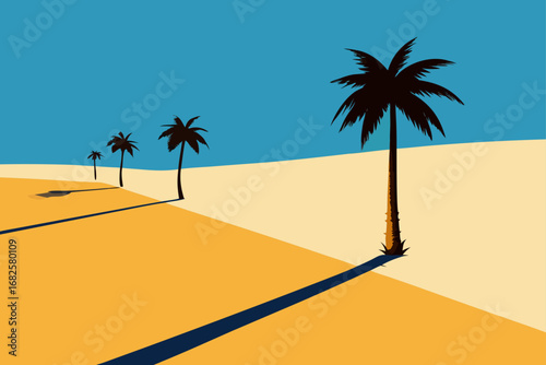 Stylized desert landscape with palm trees casting long shadows under a clear blue sky
