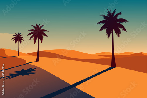 Stylized desert landscape at sunset with silhouetted palm trees and long shadows