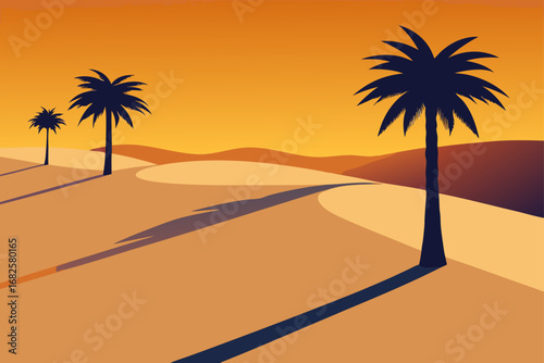 Stylized desert landscape with silhouetted palm trees casting long shadows under a warm orange sky