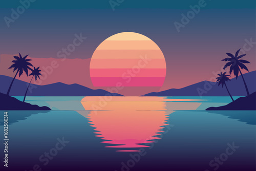 Stylized retro sunset over calm ocean with palm trees and mountain silhouette