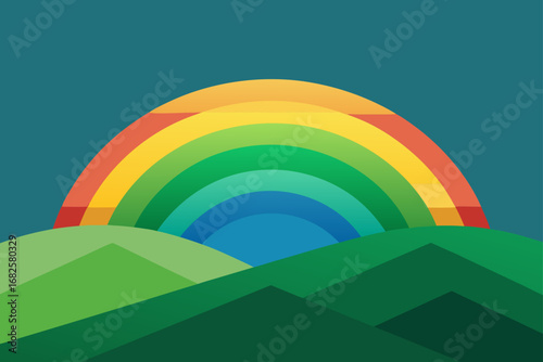 Vibrant rainbow arches over rolling green hills under a clear teal sky in a minimalist flat design