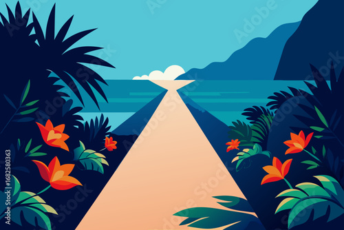 Tropical path leading to the ocean with vibrant flowers and lush foliage in a stylized illustration