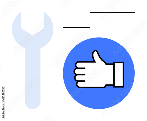Wrench and thumbs-up icon representing maintenance, approval, quality, support, productivity, positive feedback, and teamwork. Ideal for service promotion, customer satisfaction technical
