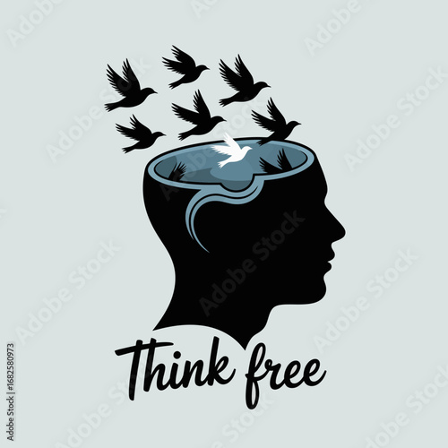 Silhouette of a human head with birds flying out of an open mind symbolizing freedom of thought and creativity
