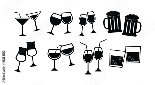 Drink and Cocktail Glass Icon Set – Black Silhouette Alcohol Vector Collection on White Background.