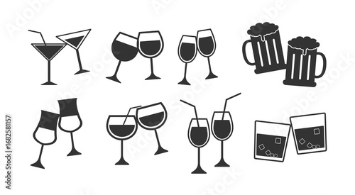 Drink and Cocktail Glass Icon Set – Black Silhouette Alcohol Vector Collection on White Background.