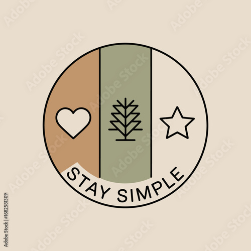 Minimalist circular design featuring a stylized heart tree and star with the phrase stay simple in a soothing neutral color palette representing nature and well being