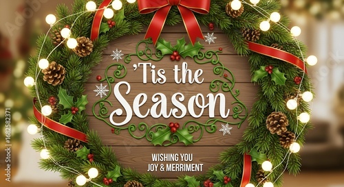 Decorative Green Christmas Wreath with Red Ribbon and Lights on Wooden Background for Holiday Greeting