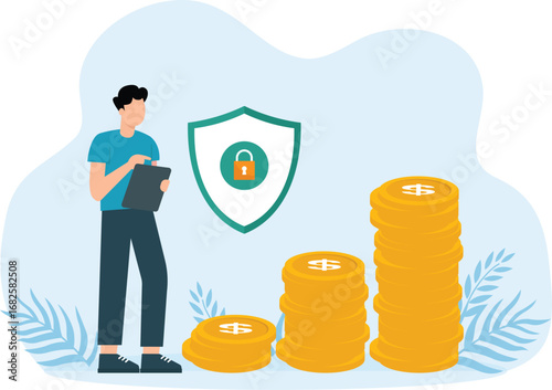Flat style vector illustration of money protection in business, investment and assets. safe business economy, financial savings insurance.
