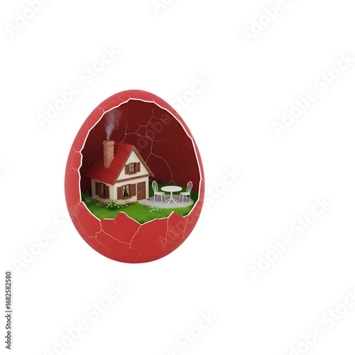 A red egg with a house inside - Transparent Background
