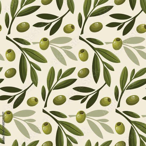 Seamless pattern green olive branch decor. Green olive branch with leaves white background. Italian and Greek cuisine element.