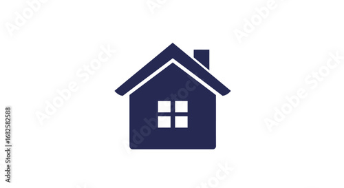 Simple Blue House Icon with Chimney and Windows.