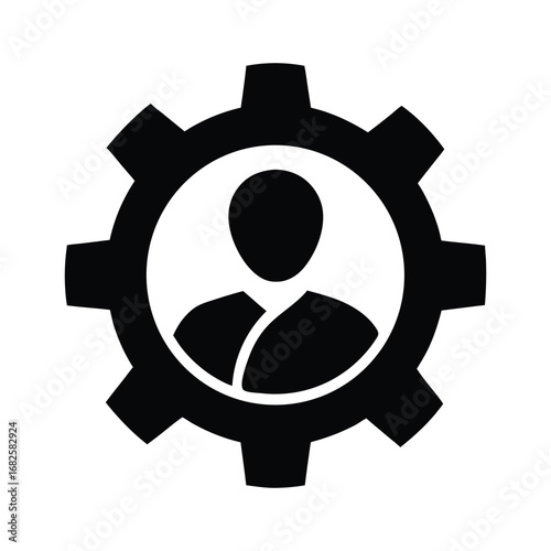 A black silhouette of a person inside a gear symbol, symbolizing management or work processes