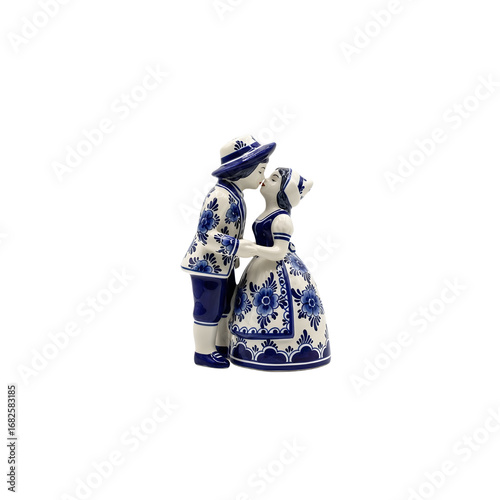 A blue and white vase with a woman in a hat - Transparent Background