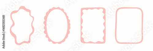 Hand Drawn frame set with doodle lines. Whimsical pink borders for birthday, christmas, wedding Invitations, menu. Coquette french frames. Vintage minimal elements. Elegant Isolated vector illustratio