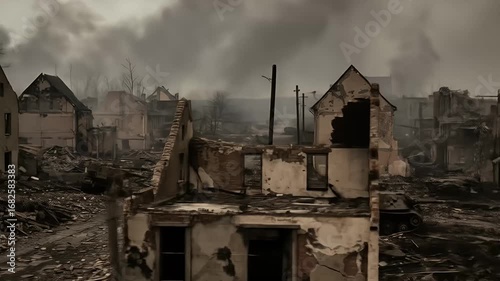 Realistic depiction of war-torn city street scene with destruction and smoke