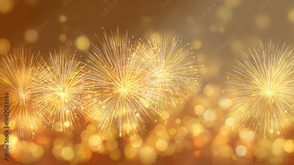 Fototapeta premium Golden Fireworks and Glowing Bokeh Lights Sparkling in Dark