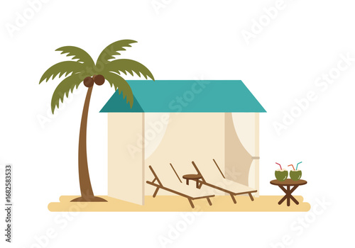 A beach scene features a hut lounge chairs palm tree and a small table with coconut drinks