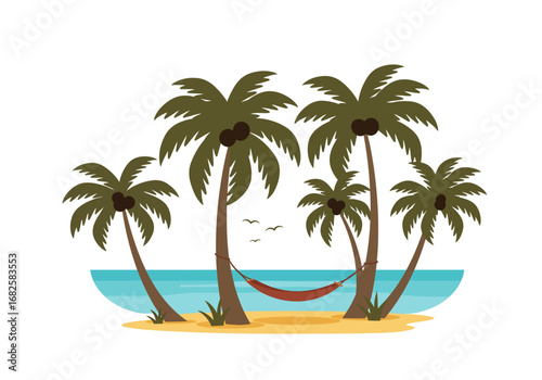 A beach scene shows palm trees a hammock birds sand and ocean water