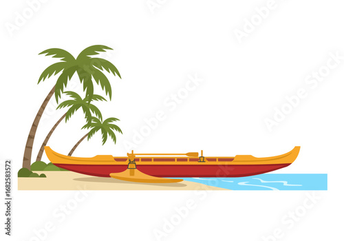 A beached outrigger canoe sits on a sandy shore beside palm trees and gentle waves
