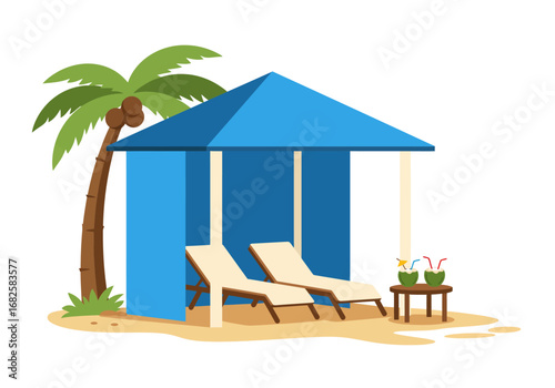 A blue cabana with two lounge chairs and a small table with coconut drinks beside a palm tree on a sandy beach