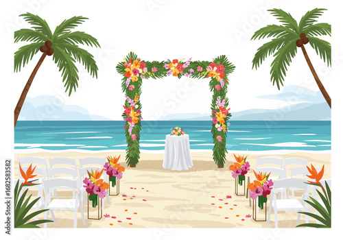 A beach wedding setup with floral archway ocean backdrop white chairs flower decor and palm trees on a sandy shore