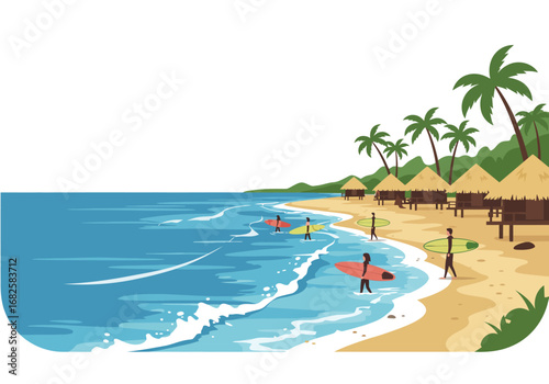 A tropical beach scene with people surfing near thatchedroof huts and palm trees
