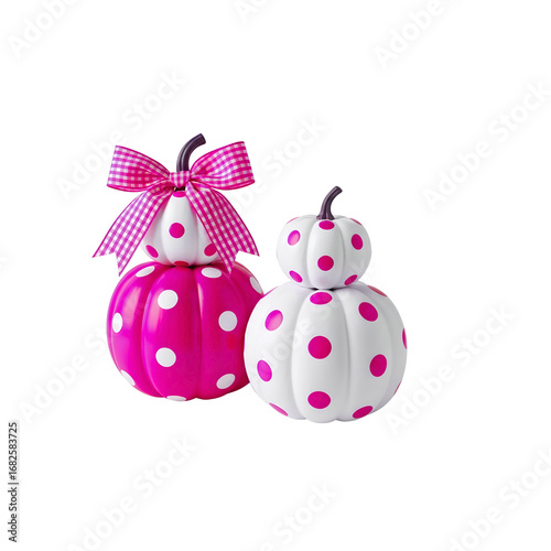 Two pink and white polka pumpkins with a bow - Transparent Background