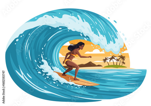 A woman surfing in a blue wave with an island and palm trees in the background