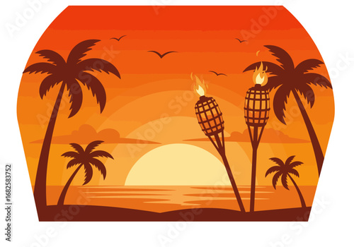 A tropical sunset scene with palm trees torches silhouetted birds and a bright sun
