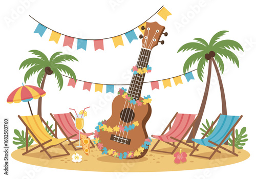A ukulele adorned with flowers on a sandy beach with palm trees and colorful decorations