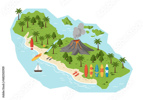 An island illustration featuring a volcano beach trees surfboards and a sailboat on water