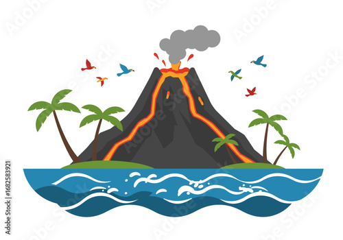 An island features a volcano erupting lava surrounded by birds palm trees and ocean waves