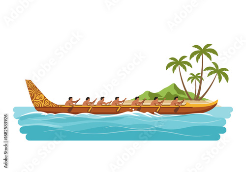 An outrigger canoe races with paddlers near a tropical island with palm trees